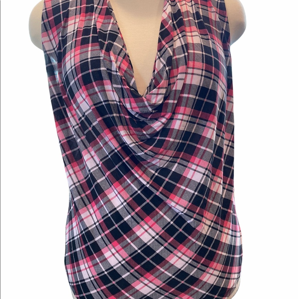 INC Black/Pink Plaid Cowl Drape Sleeveless Top XL Day/Evening Wear Resort Wear